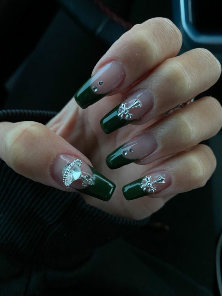 French Dark Green Nails with Gems