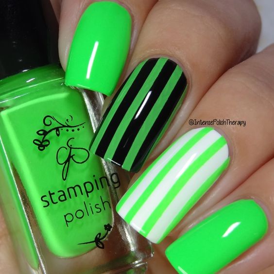 Black and White Striped Lime Green Nail Design