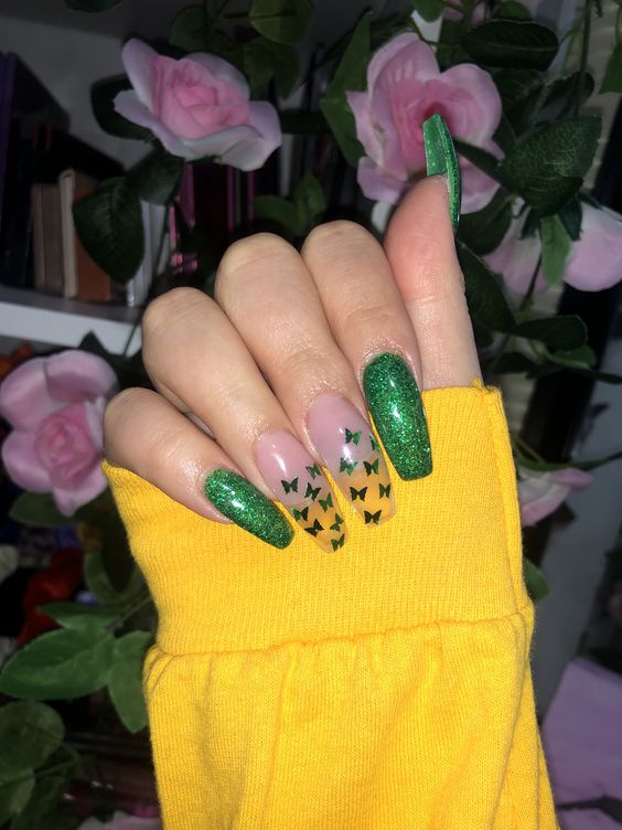 Long Butterfly Green Nails