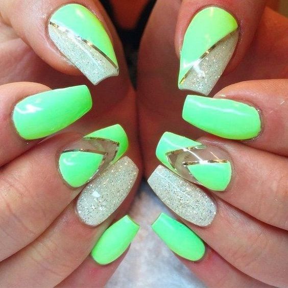 Lime Green Golden Line Nail Design