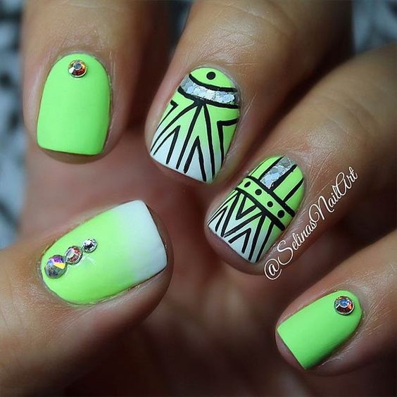 Tribal Lime Green Nail Design