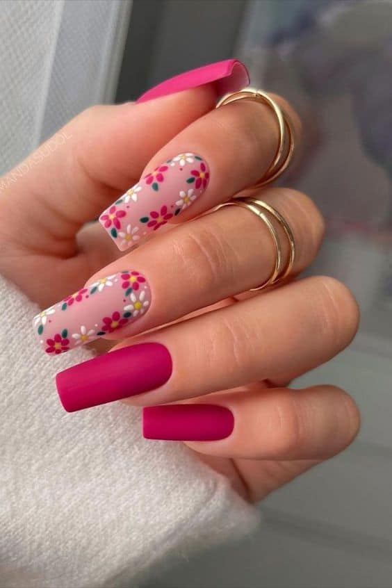 Trendy Pink Flowery Nails