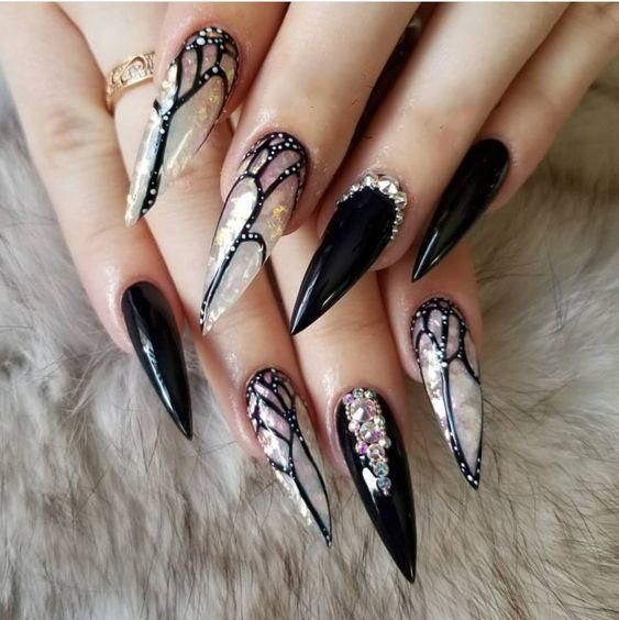 Black Butterfly Stiletto Nails