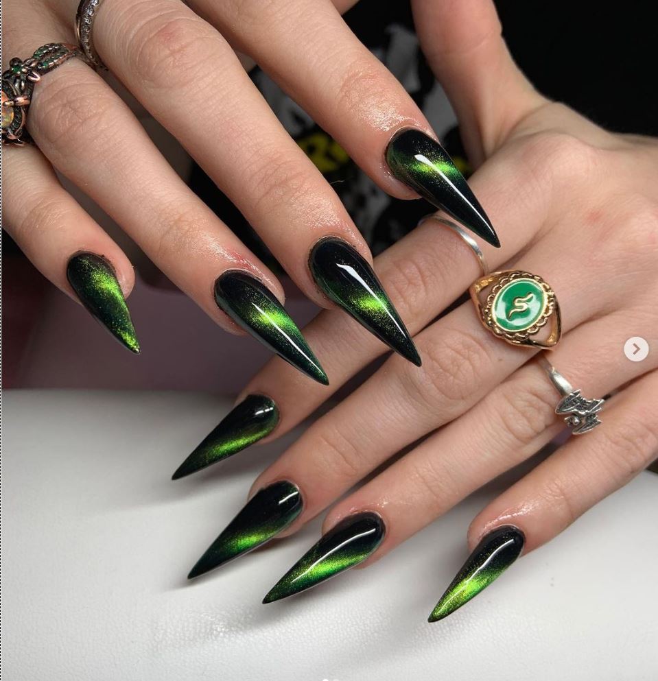 Black Stiletto Nails with a Hint of Neon Green