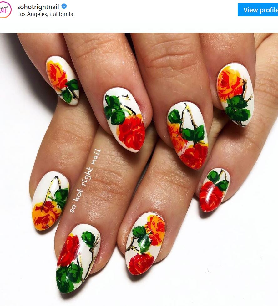 Breathtaking Orange and Red Rose Nail Idea