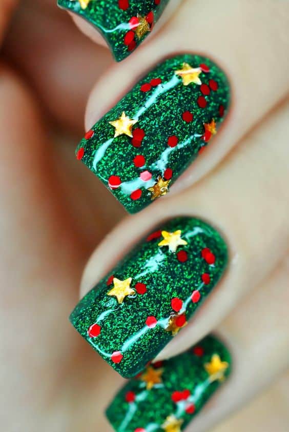 Green Shimmery Christmas Tree Nails 