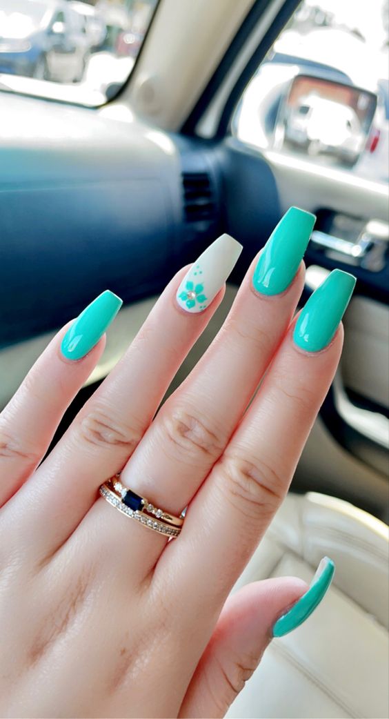 Floral Teal Nail Design