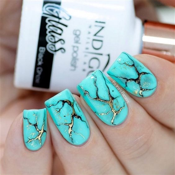 Gold and Teal Marble Nail Design