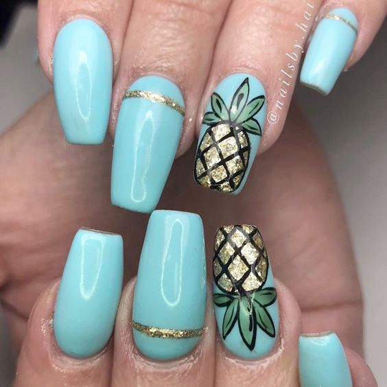 Golden Pineapple Teal Nail Design