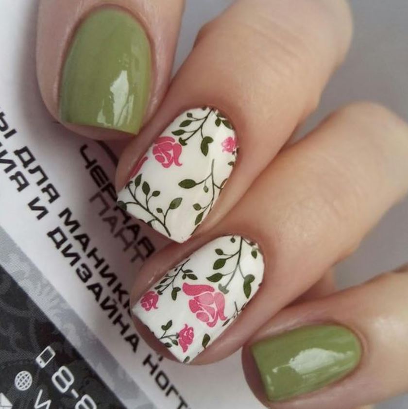 Green Nails With Rose Stickers