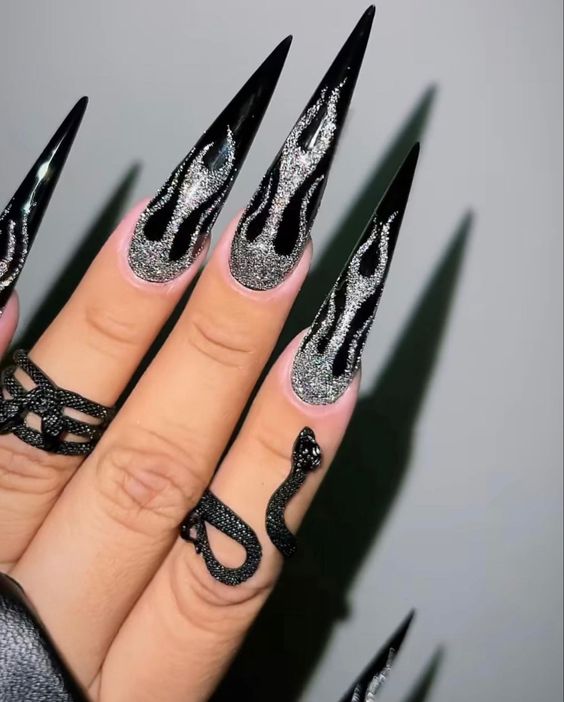 Long Black Stiletto flame Nails with Glitters