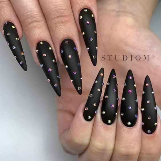 Matte Black Rhinestone Stiletto Nails