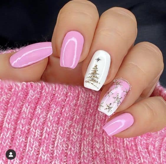 Baby Pink Christmas Nail Idea with Glitters