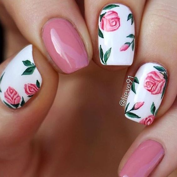 Pink Rose Short Nail Design