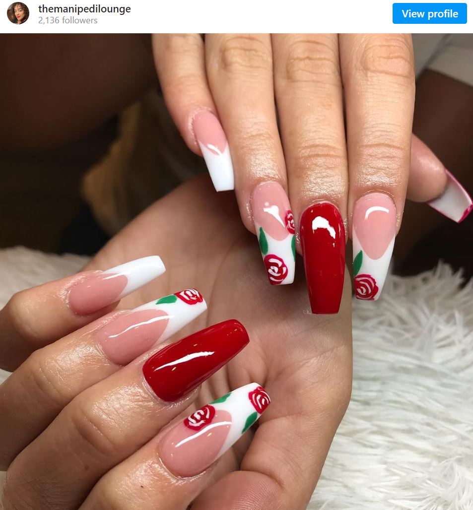 Red Rose and White French Acrylic Nails