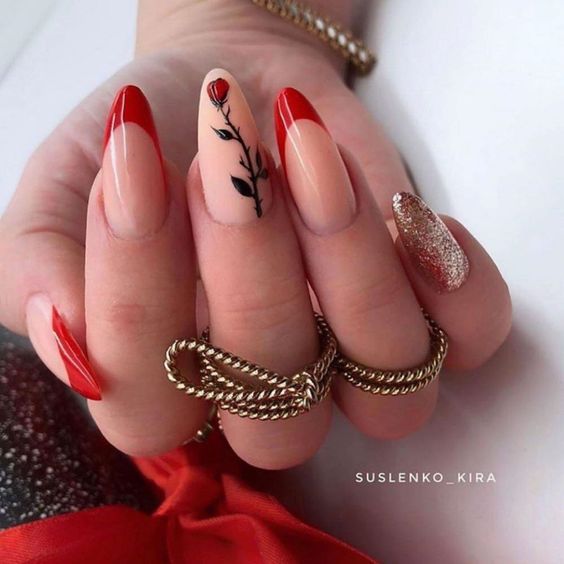 Red Rose French Tip Nail Idea