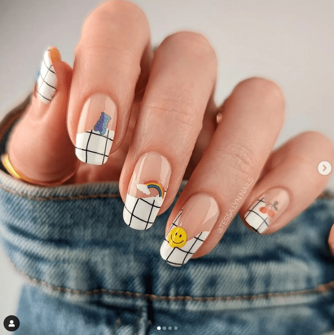 Cute White Checkered French Tip Nail Design