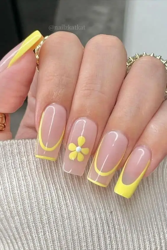 Cute Yellow Floral French Nail Design