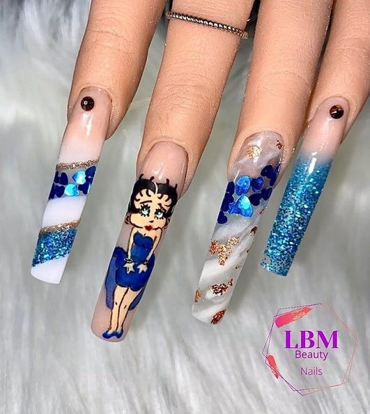 Betty Boop Blue Acrylic Nails 