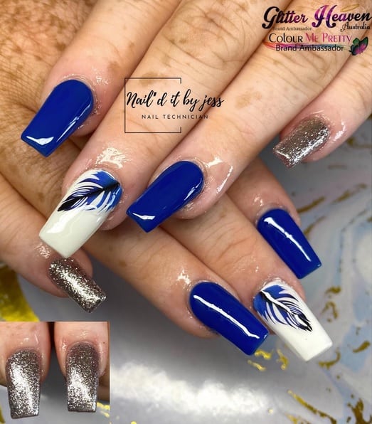 White Floral Blue Acrylic Nails