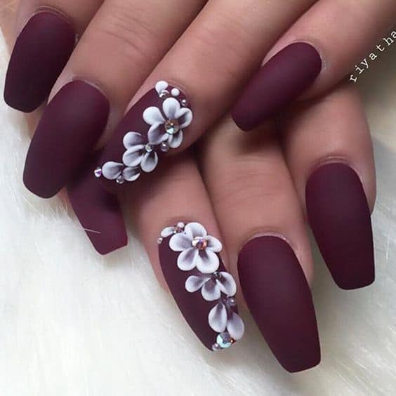 Burgundy Matte Nails With Floral Accent