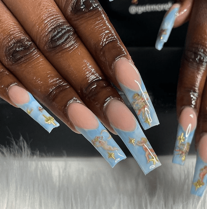 Baby Blue and Gold Angelic French Tip Nails